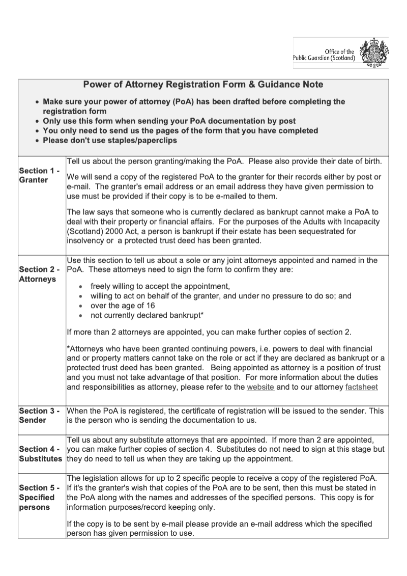 OPG_POA Power of Attorney Registration Form and Guidance Note preview