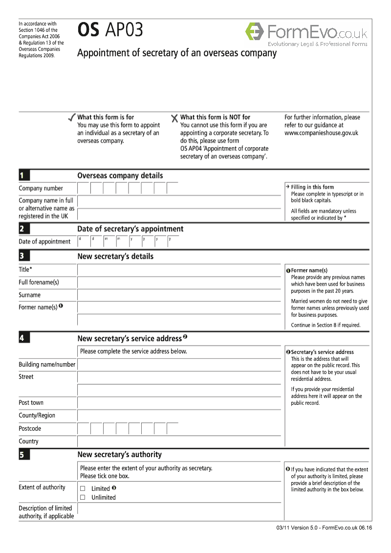 OS AP03 Appointment of secretary of an overseas company Section 1046 preview