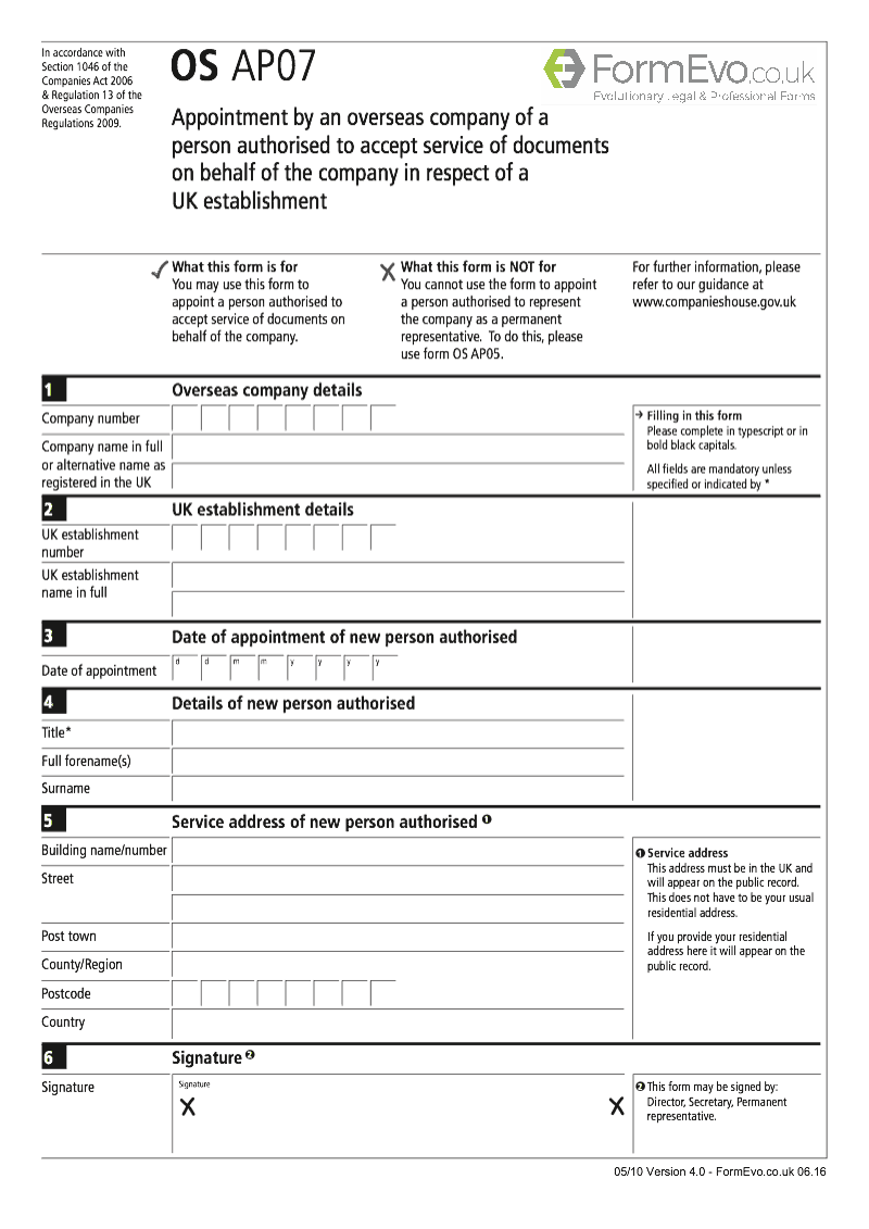 OS AP07 Appointment by an overseas company of a person authorised to accept service of documents on behalf of the company in respect of a UK establishment Section 1046 preview