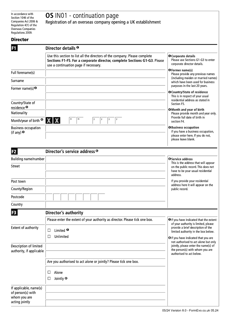 OS IN01 Continuation Page 3 Registration of an Overseas Company opening a UK establishment Director preview