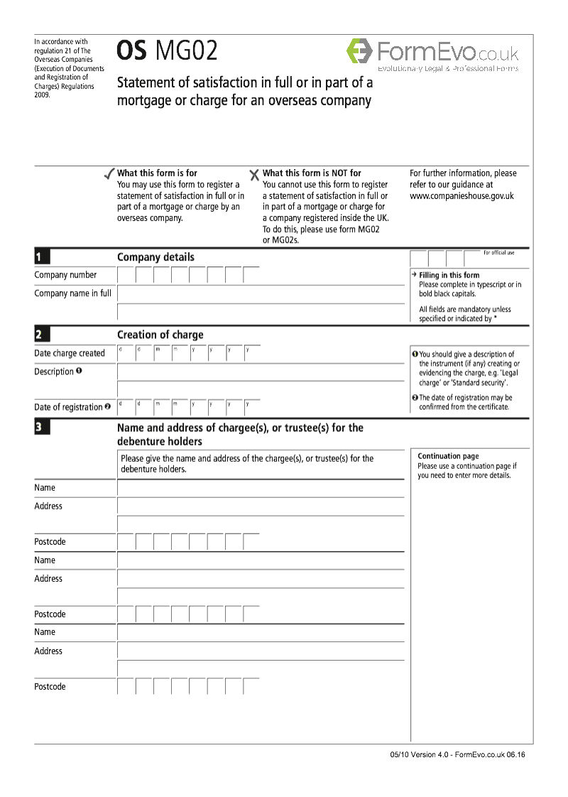 OS MG02 Statement of satisfaction in full or in part of a mortgage or charge for an overseas company Regulation 21 preview