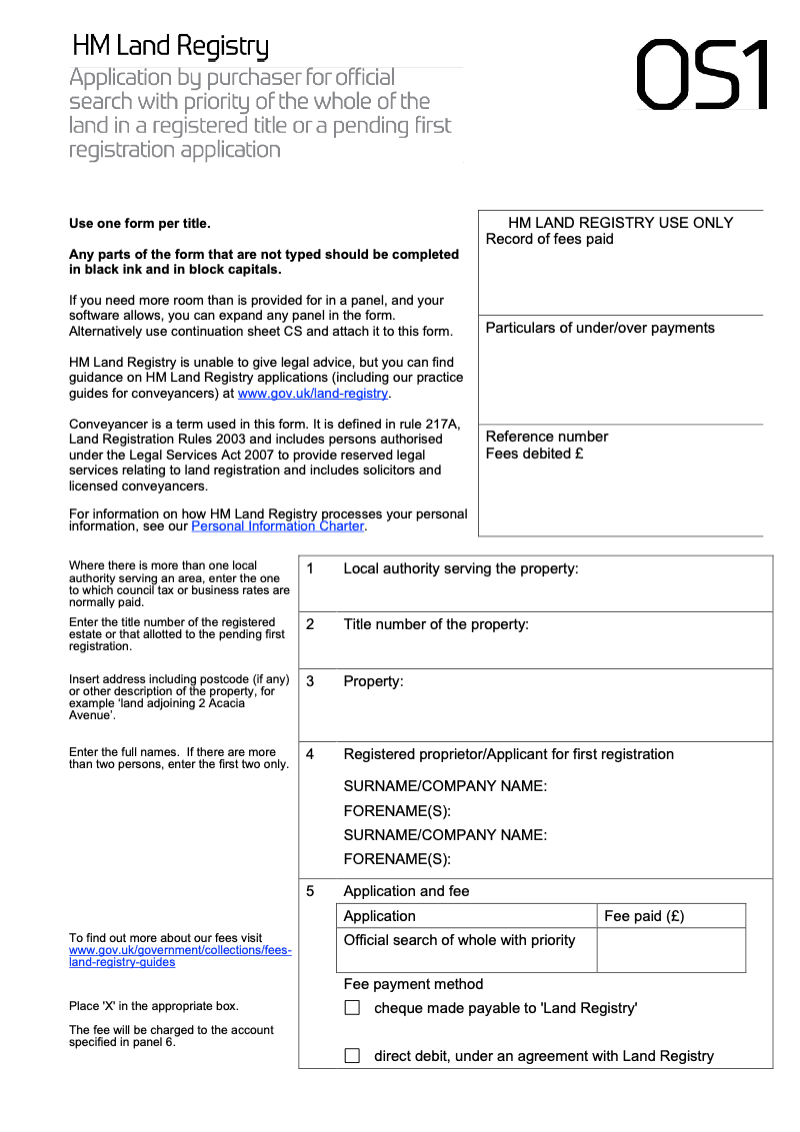 OS1 Application by purchaser for official search with priority of the whole of the land in registered title or a pending first registration application preview