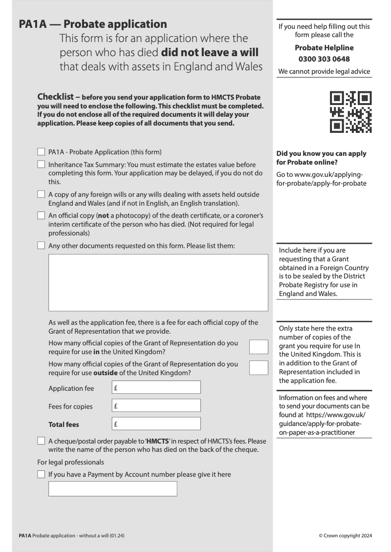 PA1A Probate Application Where the person who has died did not leave a will that deals with assets in England and Wales preview