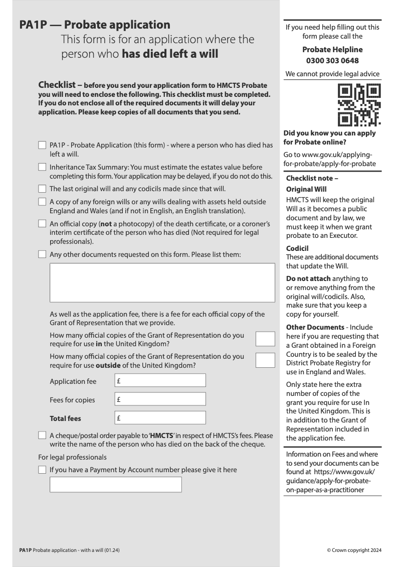 PA1P WF Probate Application Where the person who has died left a will preview