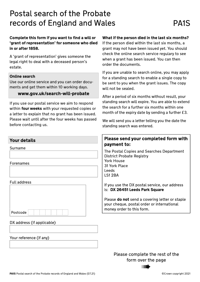 PA1S Postal search of the Probate records of England and Wales preview