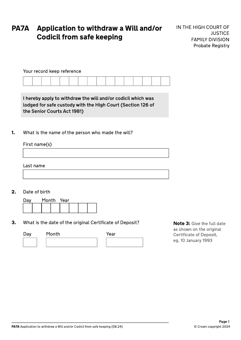 PA7A Application form to withdraw a will and or codicil from safe keeping preview