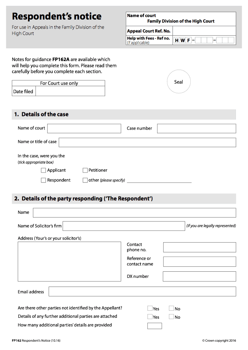 PF162 Respondent s notice For use in Appeals in the Family Division of the High Court preview