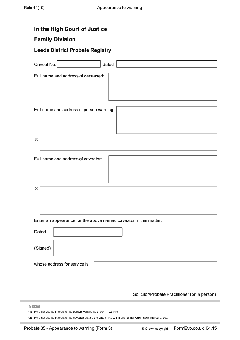 Probate 35 Appearance to warning Form 5 preview