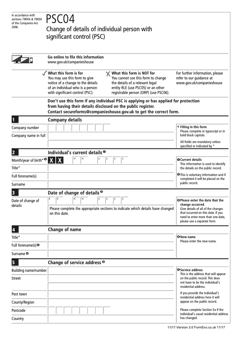 PSC04 Change of details of individual person with significant control PSC Section 790M and 790ZA of the Companies Act 2006 preview