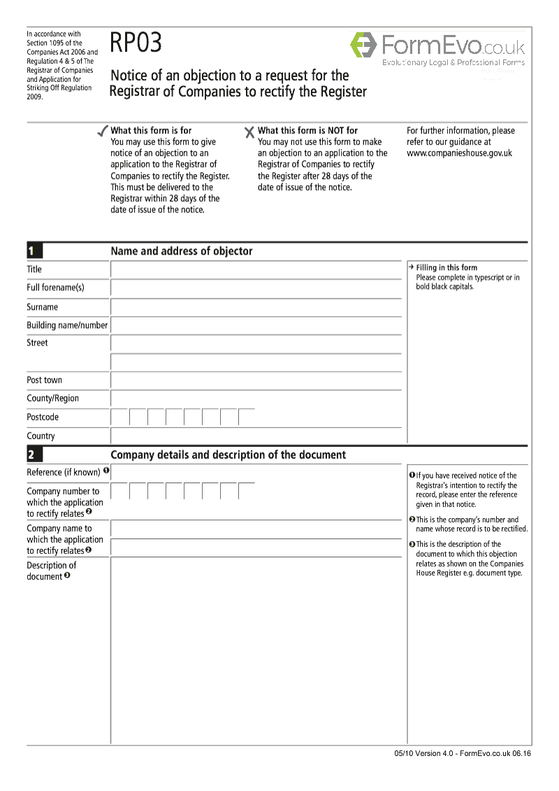 RP03 Notice of an objection to a request for the Registrar of Companies to rectify the Register Section 1095 preview