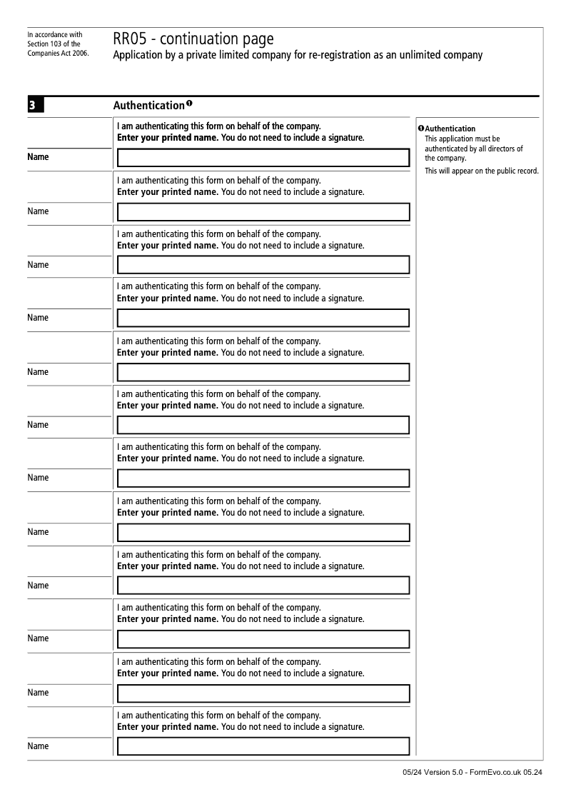 RR05 Continuation Page Signature s continuation page RR05 Application by a private limited company for re registration as an unlimited company Section 103 preview