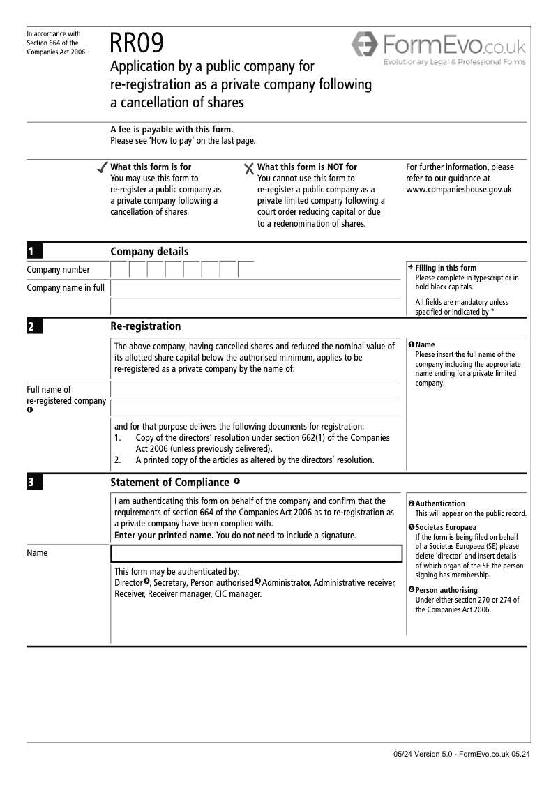 RR09 Application by a public company for re registration as a private company following a cancellation of shares Section 664 preview