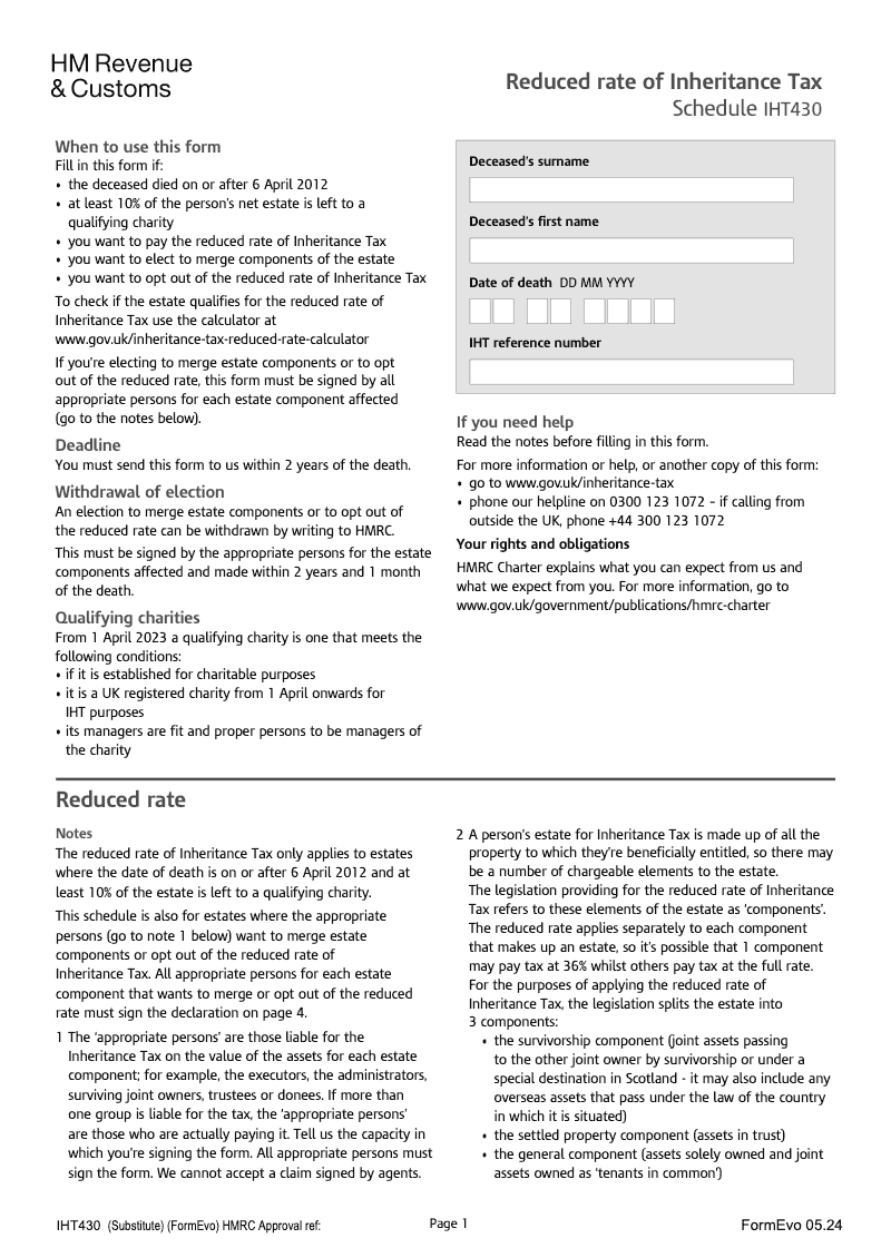 SA IHT430 Reduced rate of Inheritance Tax Schedule IHT430 Standalone version Standalone version preview