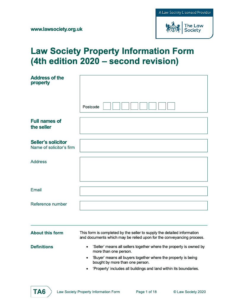 SA TA6 Law Society Property Information Form 4th edition second revision CMS version preview