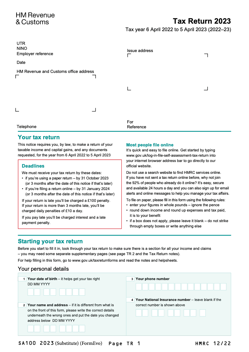 SA100 2023 Tax Return 2022 for year ended 5 April 2023 2022 23 preview