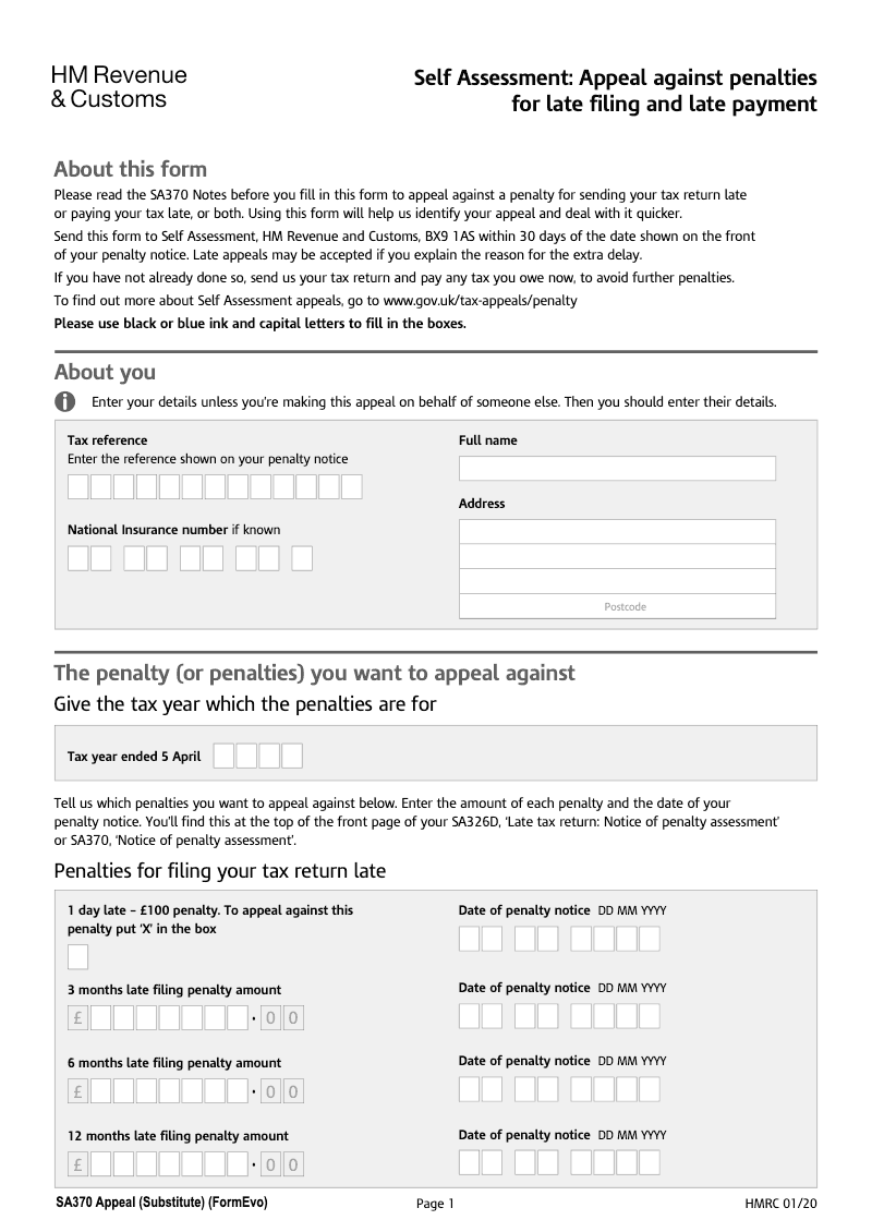 SA370 Self Assessment Appeal against penalties for late filing and late payment preview