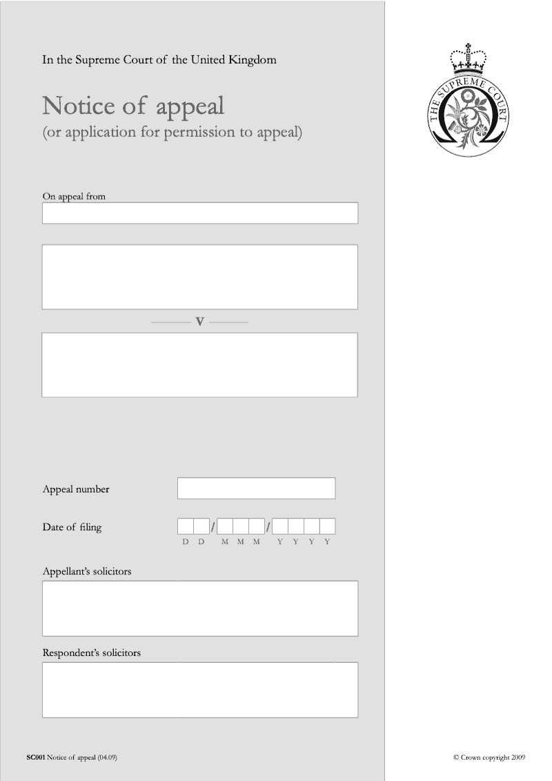 SC001 Notice of appeal or application for permission to appeal preview