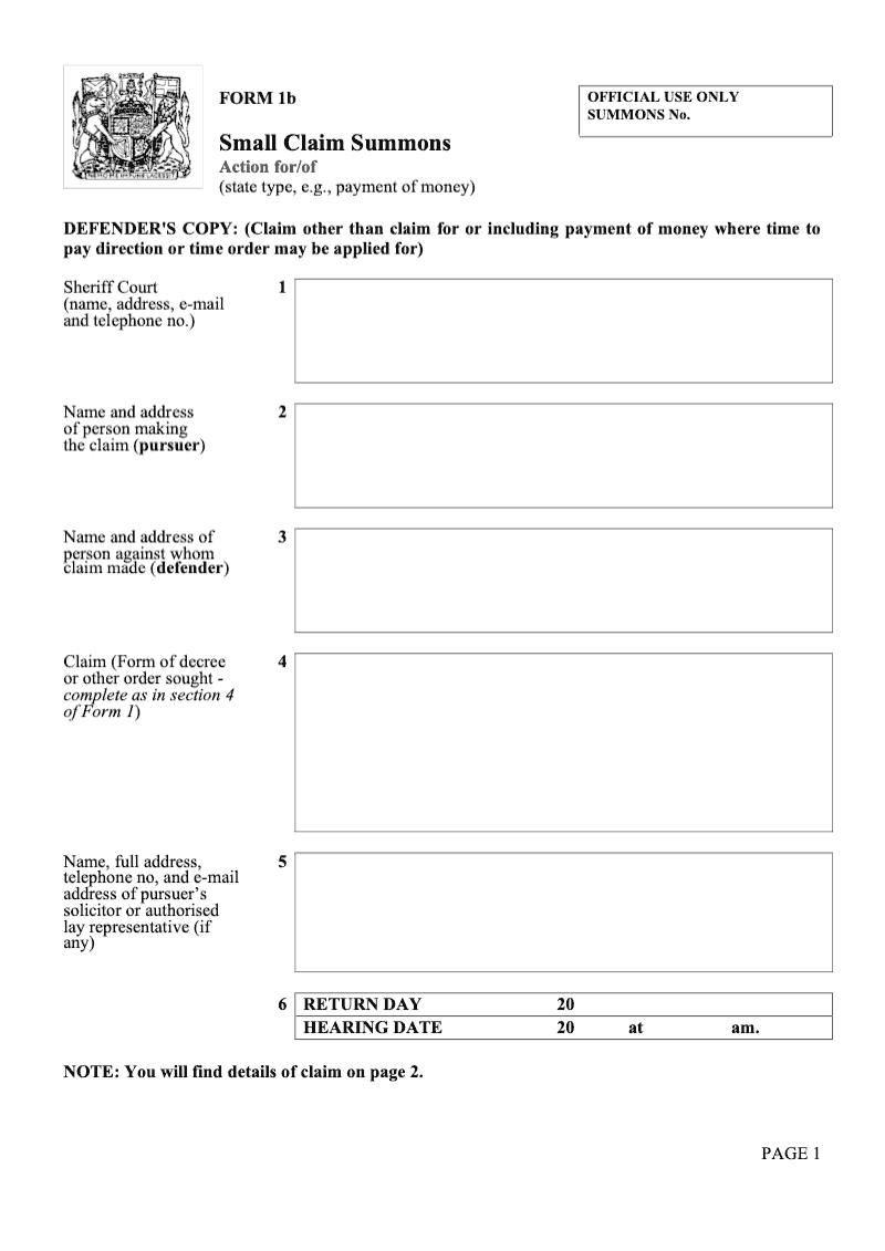 SCF1b Small Claim Summons Claim other than claim for or including payment of money where time to pay direction or time order may be applied for preview