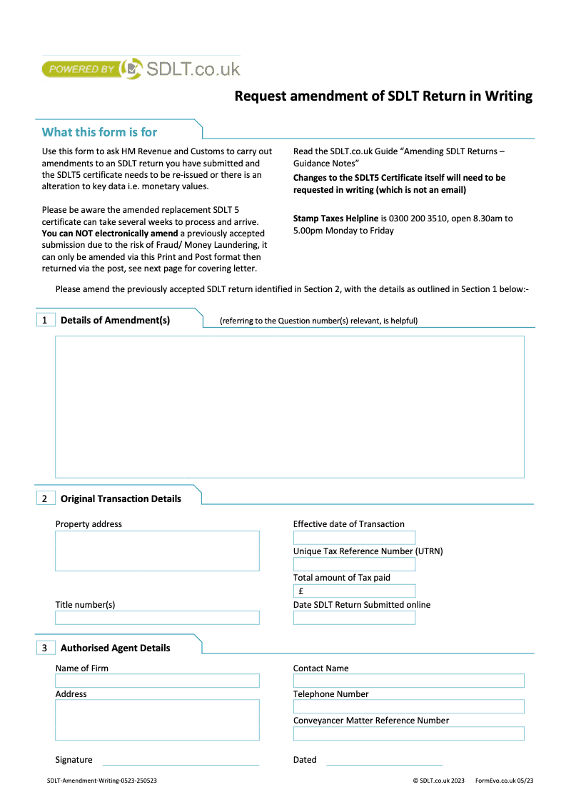 SDLT Amendment 1 Request for Amendments to Stamp Duty Land Tax return Written request preview