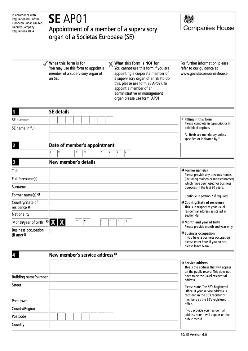 SE AP01 Appointment of a member of a supervisory organ of a Societas Europaea SE Regulation 80 c preview