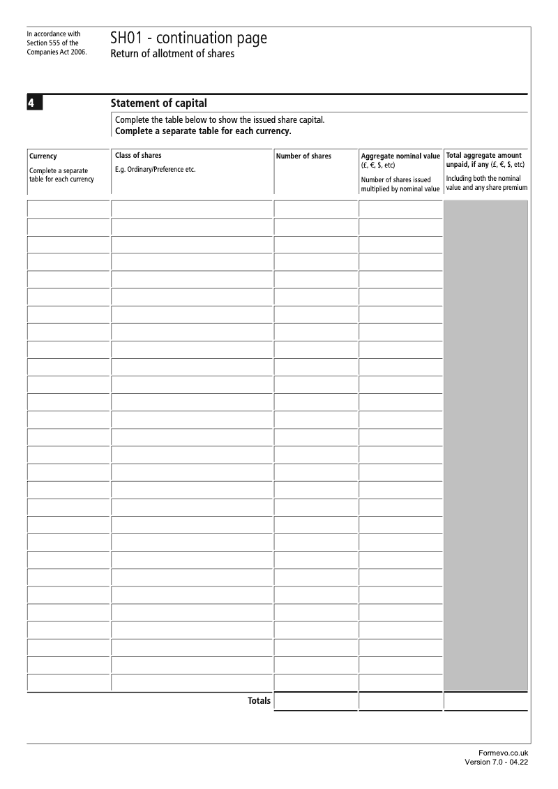 SH01 Continuation Page 2 Statement of capital continuation page SH01 Return of allotment of shares Section 555 preview