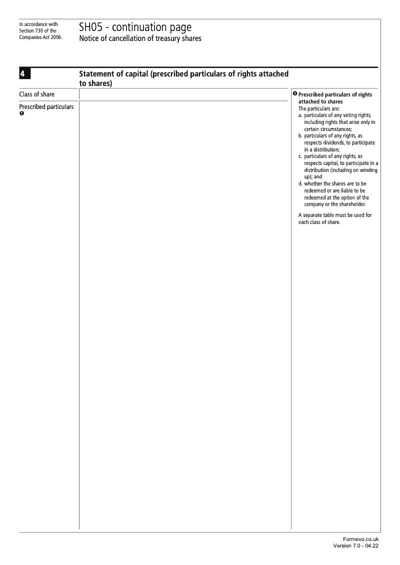 SH05 Continuation Page 2 Statement of capital Prescribed particulars or rights attached to shares continuation page SH05 Notice of cancellation of treasury shares Section 730 preview