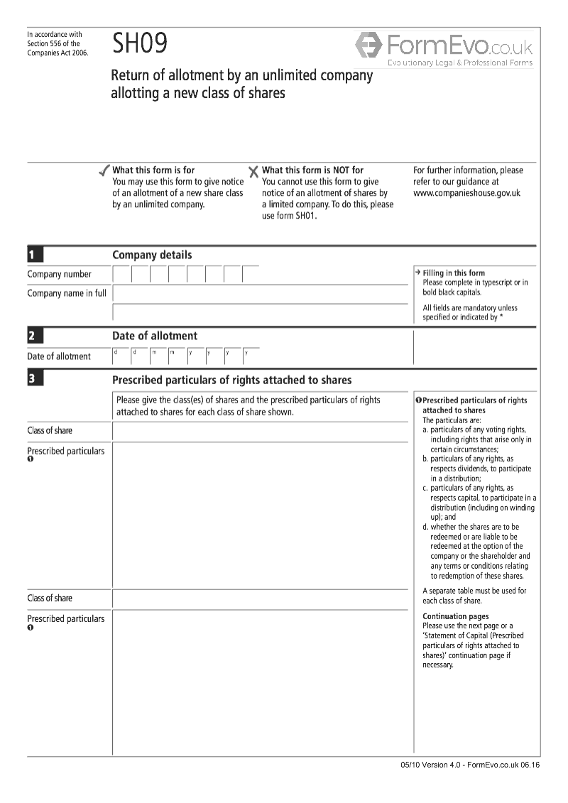 SH09 Return of allotment by an unlimited company allotting a new class of shares Section 556 preview