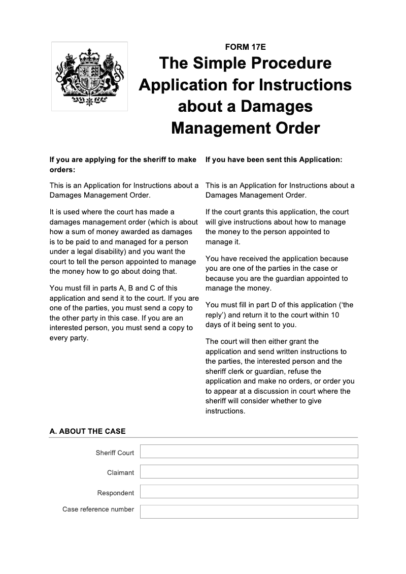 SP FORM17E Simple Procedure Application for Instructions about a Damages Management Order preview