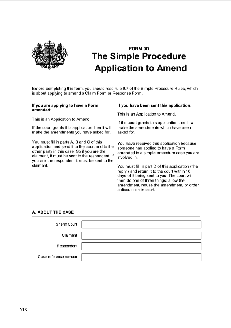 SP FORM9D Simple Procedure Application to Amend preview