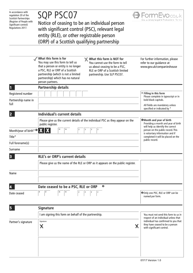 SQPPSC07 Notice of Ceasing to be an Individual Person with Significant Control PSC Relevant Legal Entity RLE or Other Registrable Person ORP of a Scottish Qualifying Partnership preview