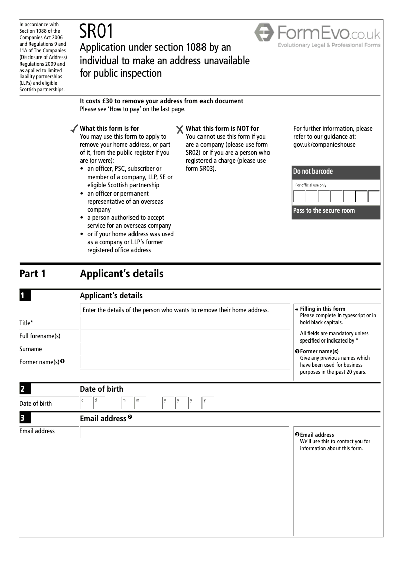 SR01 Application under section 1088 by an individual to make an address unavailable for public inspection preview