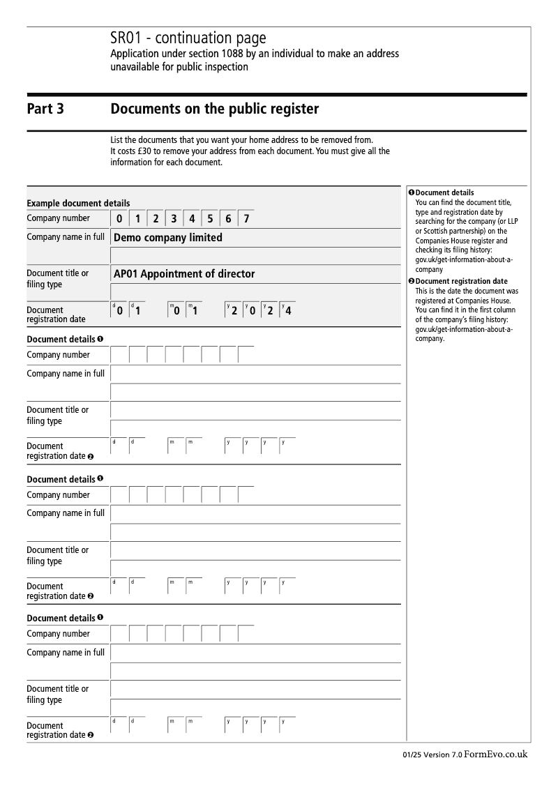 SR01 ContinuationPage Application under section 1088 by an individual to make an address unavailable for public inspection continuation page preview