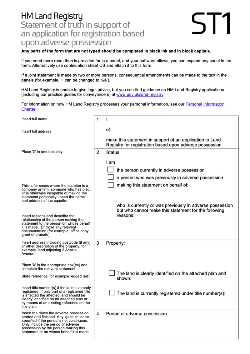 ST1 Statement of truth in support of an application for registration based upon adverse possession preview