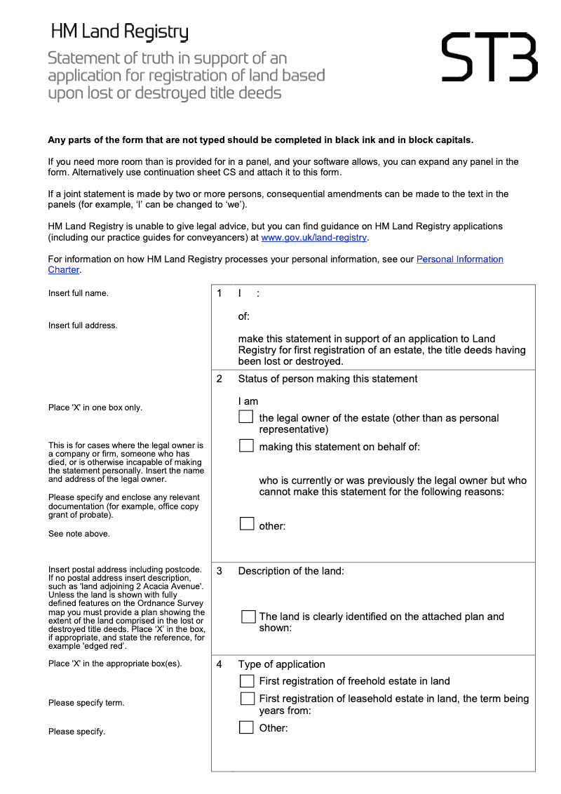 ST3X Statement of truth in support of an application for registration of land based upon lost or destroyed title deeds Word Version preview