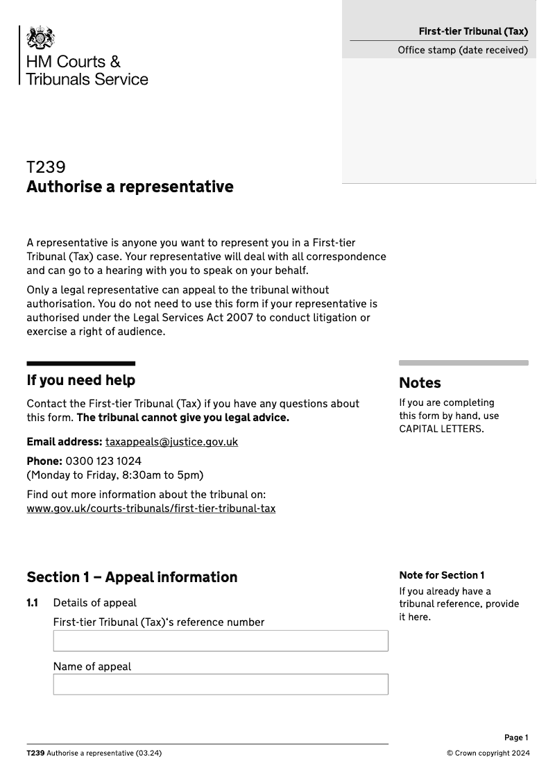 T239 Authorise a representative First tier Tribunal Tax Chamber electronic signature available preview