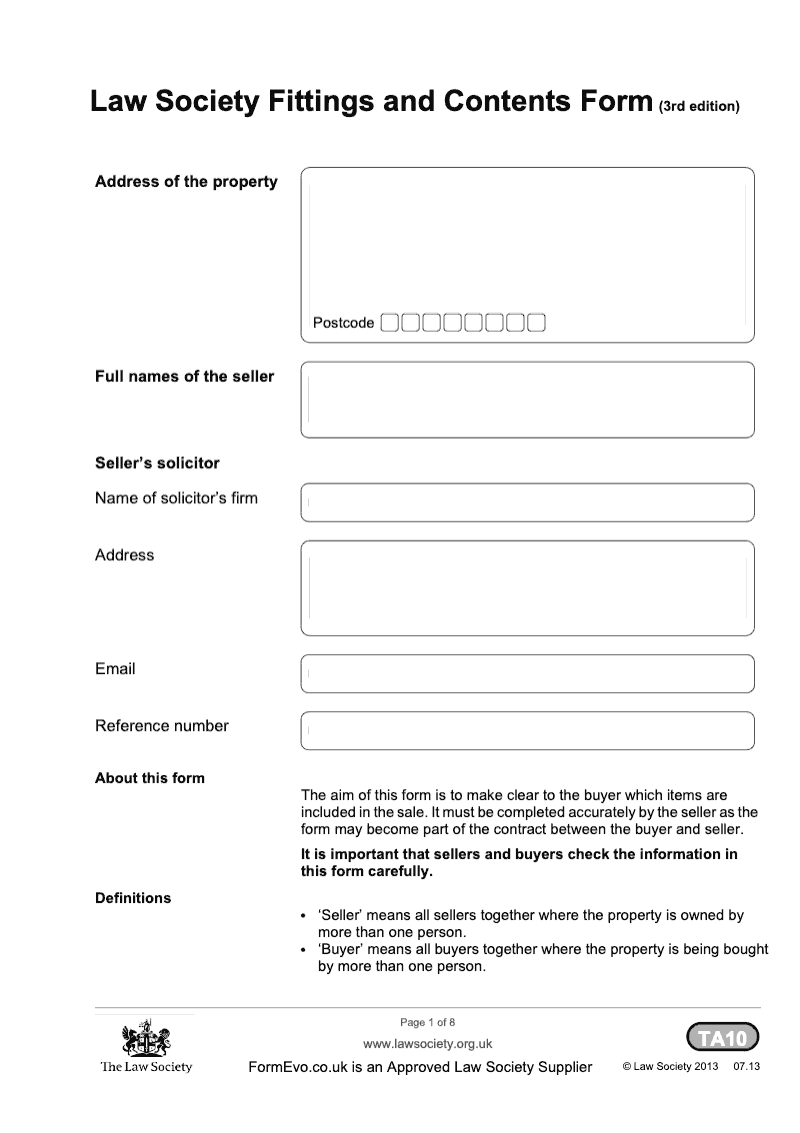 TA10ECOS TA10 Law Society Fittings and Contents Form 3rd edition preview