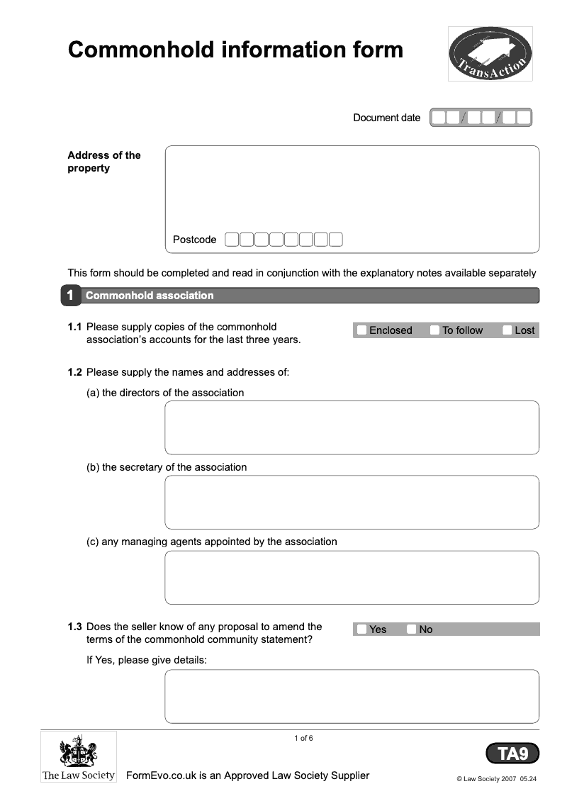 TA9 Commonhold information form preview