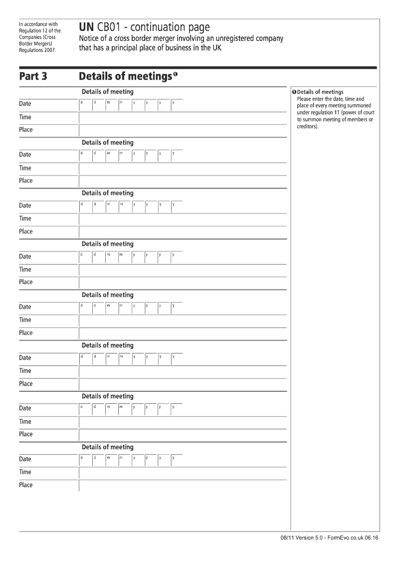 UN CB01 Continuation Page 2 Details of meetings continuation page UN CB01 Notice of a cross border merger involving an unregistered company that has a principal place of business in the UK preview