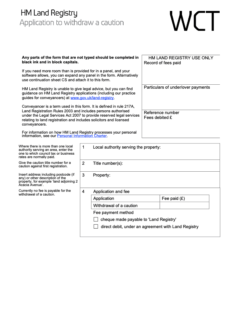 WCT Application to withdraw a caution preview