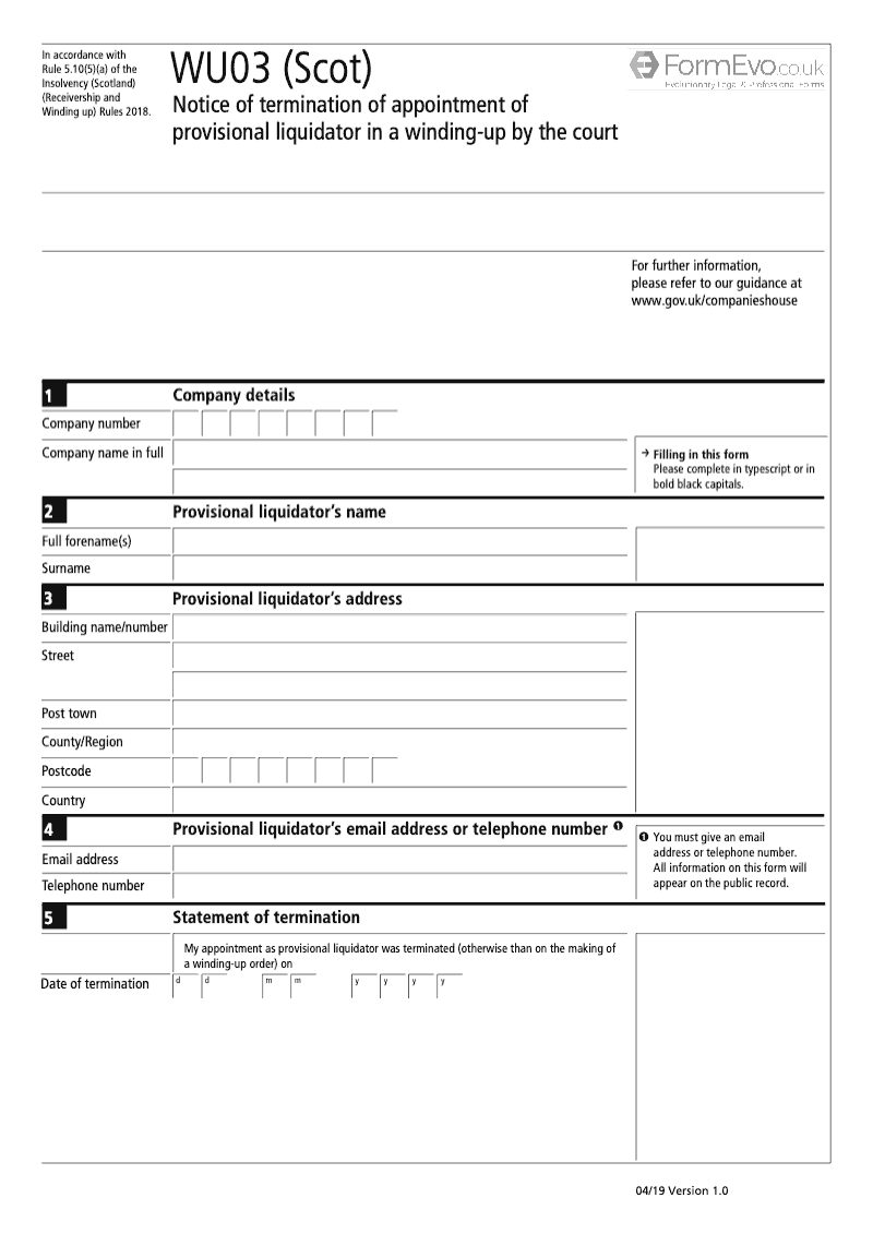 WU03 Scot Notice of Termination of Appointment of Provisional Liquidator in a Winding Up by the Court preview